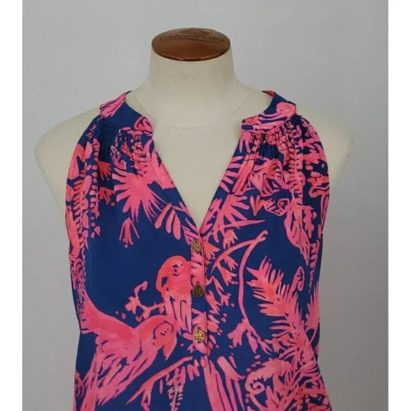 Lilly Pulitzer Silk Fushia Navy Bird Print Sleeveless Blouse High Low XS Preppy - Picture 2 of 12
